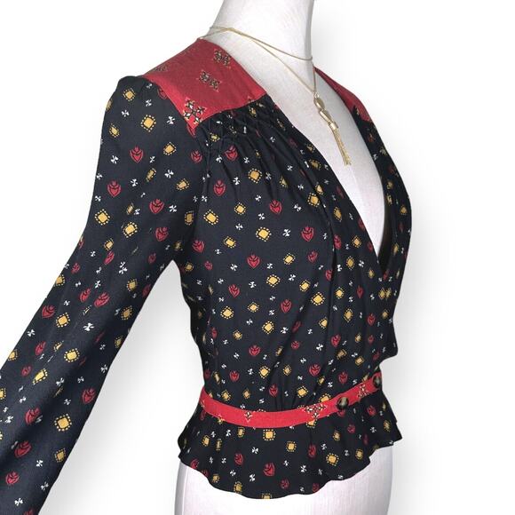 FREE PEOPLE Where We Roam Top Surplice Neck Pleated Boho Fall Black Red Small - Picture 4 of 13